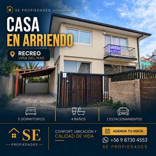 Arriendo amplia y acogedora casa de 2 pisos en Recreo, Viña