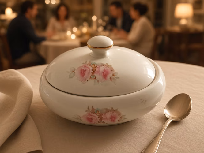Antigua Salsera / Sopera de Porcelain Fina Italiana con Tapa - Original LCS Made in Italy