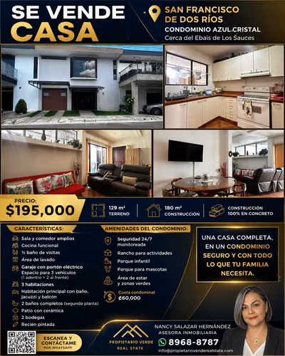 Casa en Condominio en San Francisco de Dos Ríos | 3 Hab + Jacuzzi + Seguridad 24/7