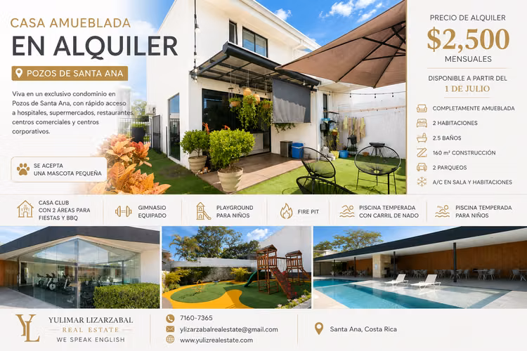 Casa Amueblada en Alquiler – Condominio en Pozos de Santa Ana