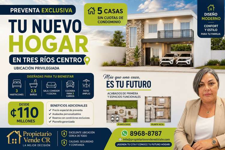 Últimas 5 casas en Tres Ríos Centro: 3 dormitorios, 2.5 baños y 2 estacionamientos. ¡Reserve la suya!