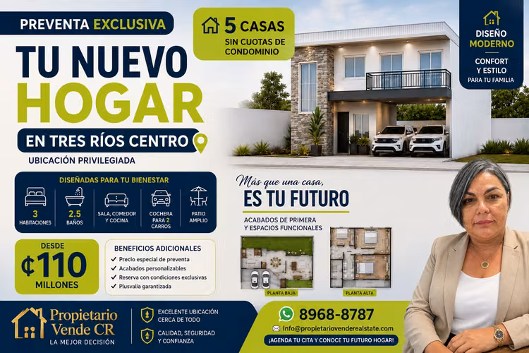 Solo 5 casas disponibles en Tres Ríos Centro… ¡No deje pasar esta oportunidad!