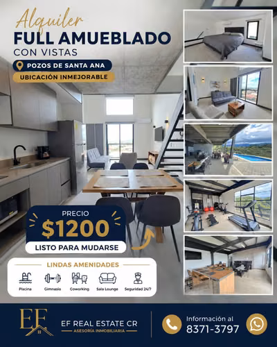 POZOS DE SANTA ANA MODERNO FULL AMUEBLADO 1 HAB / 1BAÑO 1 PARQUEO