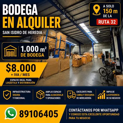 Bodega en alquiler de 1.000 m² en San Isidro de Heredia – cerca de Ruta 32