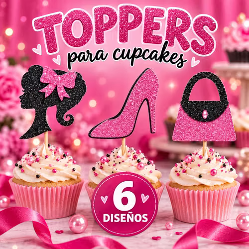 24 toppers glitter Barbie for cupcakes - pink and black fashion