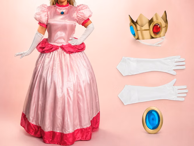 Disfraz adulto de Princess Peach con corona y guantes licenciados