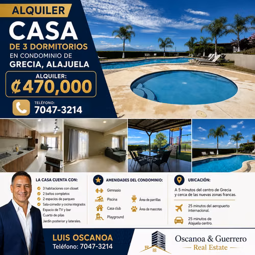 ALQUILER Casa de 3 Dormitorios en Condominio de Grecia, Alajuela