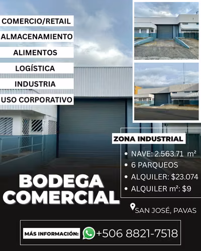 ALQUILER DE ESPECTACULAR NAVE COMERCIAL-SAN JOSÉ-PAVAS-CALLE INDUSTRIAL