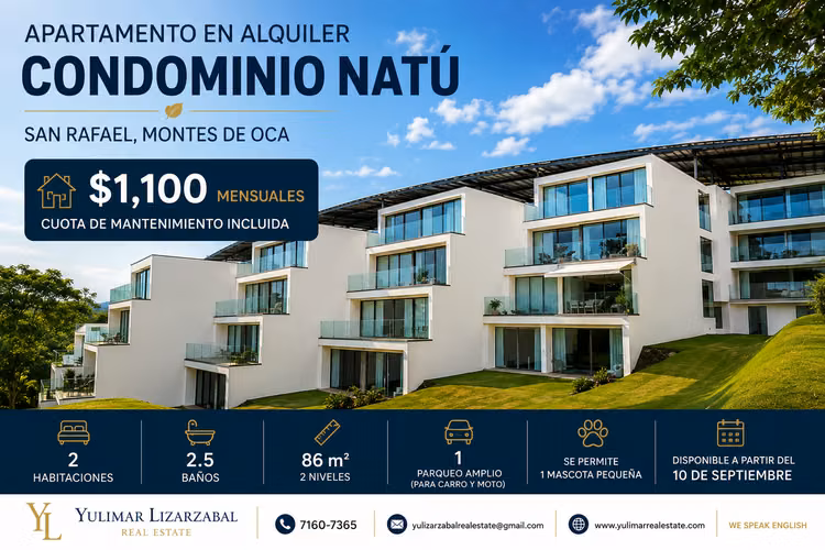 Apartamento en Alquiler en Condominio Natú | San Rafael de Montes de Oca