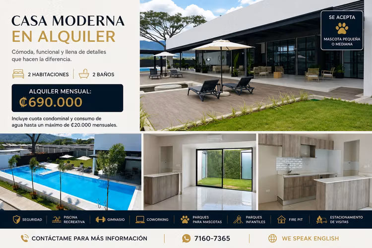 Casa Moderna en Alquiler | 2 Habitaciones | Condominio con Amenidades