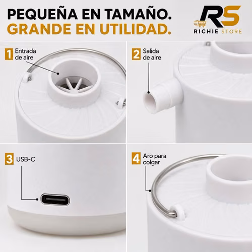 Mini Bomba de Aire Eléctrica Recargable 3 en 1 con Linterna LED - Imagen 3