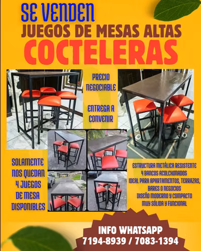 Mesas altas tipo cocteleras, rectangulares, con 4 bancos (tenemos 4 juegos disponibles)