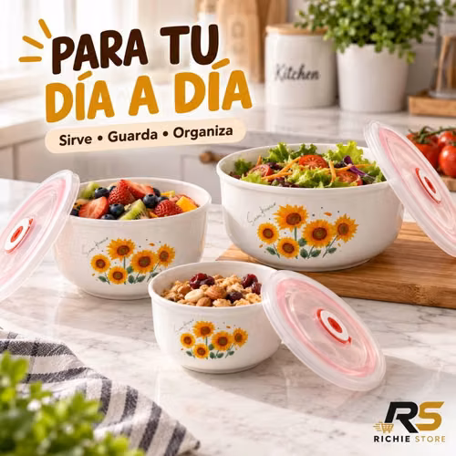 Set de 3 Tazones de Porcelana con Tapa – Diseño Girasoles