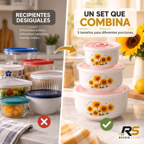 Set de 3 Tazones de Porcelana con Tapa – Diseño Girasoles