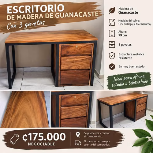 Escritorio de madera de Guanacaste – 3 gavetas