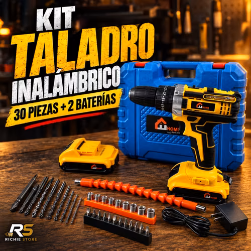  Kit Taladro Inalámbrico 30 Piezas Doble Batería con Maletín