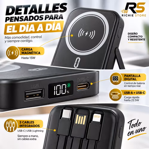  Power Bank Magnético 10000mAh 22.5W con 3 Cables