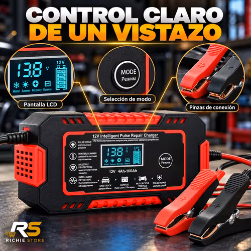  Cargador Inteligente de Batería 12V para Carro y Moto con Pantalla LCD - Imagen 4