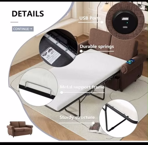 NUEVO Sofa Cama Americano Tamaño Individual Con Herraje y Conectores USB. TOTALMENTE NUEVO 