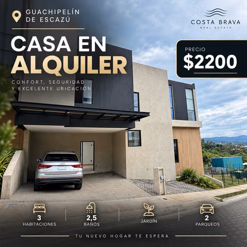 Alquiler en Guachipelin! Lujosa casa esquinera con jardín y acabados modernos. 