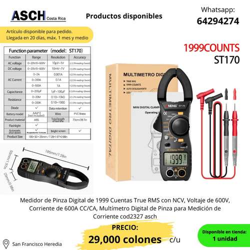  MULTÍMETRO DE PINZA DIGITAL ANENG ST170 – TRUE RMS – 600V – 500A/600A – NCV asch