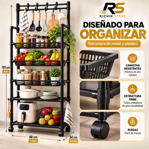 Organizador Vertical de Cocina 5 Niveles con Ruedas y Ganchos - Imagen 3