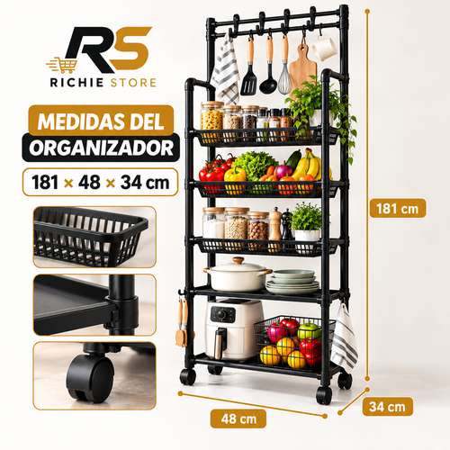 Organizador Vertical de Cocina 5 Niveles con Ruedas y Ganchos - Imagen 5