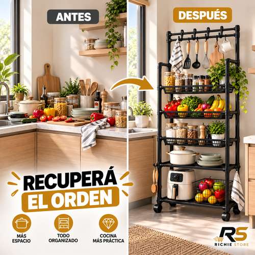 Organizador Vertical de Cocina 5 Niveles con Ruedas y Ganchos - Imagen 4