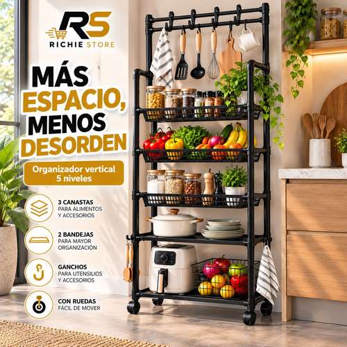 Organizador Vertical de Cocina 5 Niveles con Ruedas y Ganchos