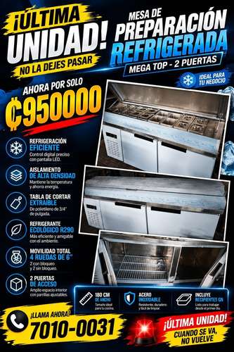 Mesa de preparación refrigerada Mega Top 2 puertas, 180 cm, acero inoxidable