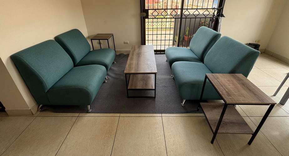 Juego de sala: 4 sofas, dos mesas esqineras, una mesa central y alfombra