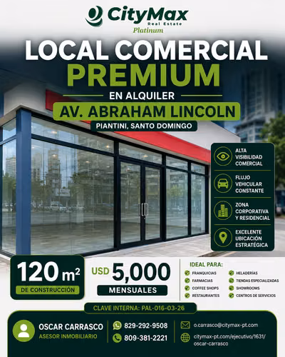 Commercial space of 120 m ² in Av. Abraham Lincoln, Piantini