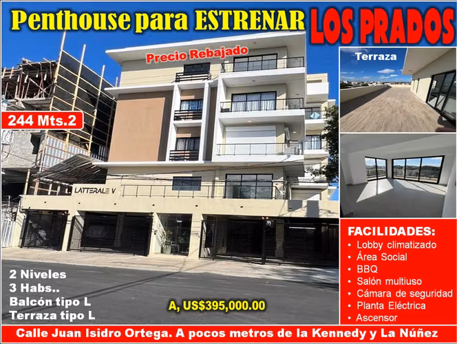 Vendo PENTHOUSE para ESTRENAR en LOS PRADOS, 244 Mts.3, 3 HABS, oport.