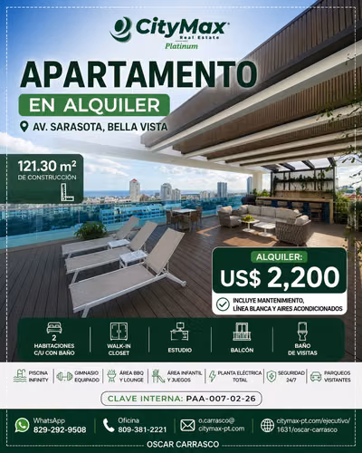 Apartment for rent in Bella Vista, Av. Sarasota - 124; White Line included - 124; US $2,200