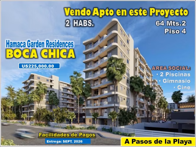 VENDO APTO 2 HABS. PROYECTO HAMACA GARDEN RESIDENCES, BOCA CHICA