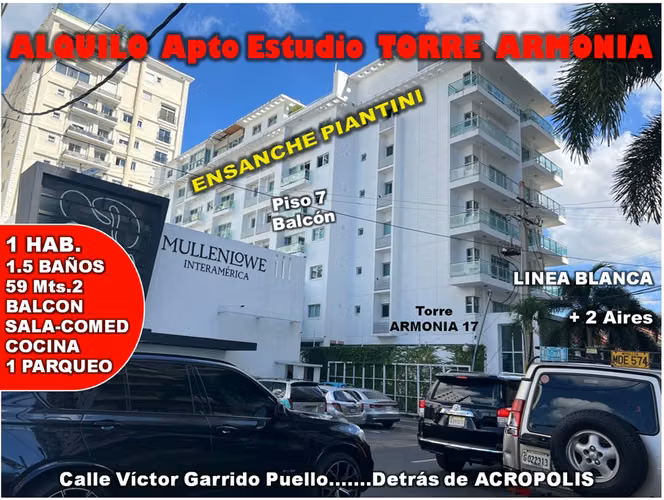ALQUILO APTO de 1 HAB, 7MO. NIVEL, BALCON, ENS. PIANTINI, TORRE ARMONIA