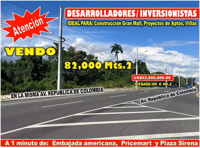 VEND0 82,000 MTS.2 DE TERRENO EN LA MISMA REPUBLICA DE COLOMBIA, A PASOS DE TODO