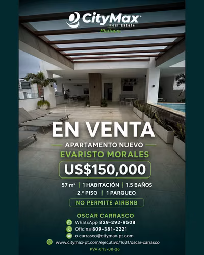 Apartamento nuevo en venta 1 habitación en Evaristo Morales, Santo Domingo. Precio: US$150,000