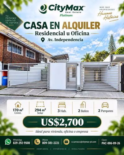 Casa en Alquiler para Vivienda u Oficina en Avenida Independencia