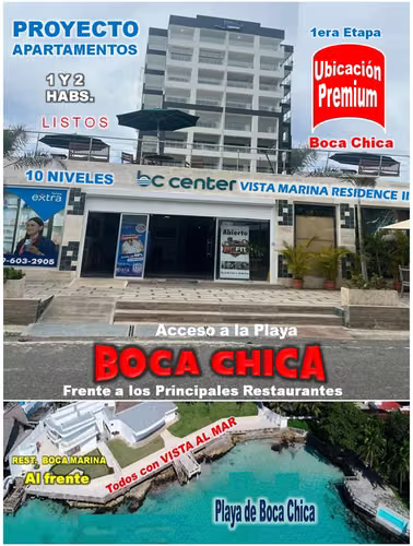 PROYECTO EXCLUSIVO DE APTOS EN BOCA CHICA, TODOS CON VISTA AL MAR, a 50 Mts. de Distancia, y a Pasos de los Principales 