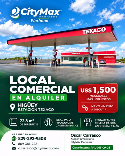 COMMERCIAL PLACE FOR RENT IN THE TEXACO STATION, HIGÜEY-124; 72.8 M ²