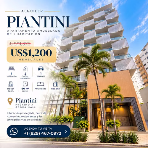 Apartamento Amueblado en Piantini, Piso 11, Precio Especial US$1,200