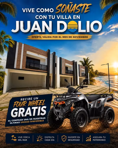 LUXURY VILLA LIST DELIVERY JUAN DOLIO TO 3 MIN BEACH + FOUR WHEEL 0KM FOR FREE - US $270K - DH