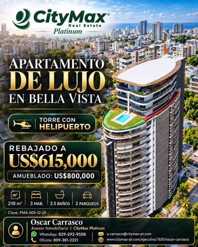 APARTAMENTO DE LUJO EN BELLA VISTA CON HELIPUERTO, ROOFTOP Y VISTA AL MAR
