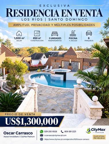 CASA EN VENTA EN LOS RÍOS CON 1,000 M² DE SOLAR, PISCINA Y 3 UNIDADES INDEPENDIENTES