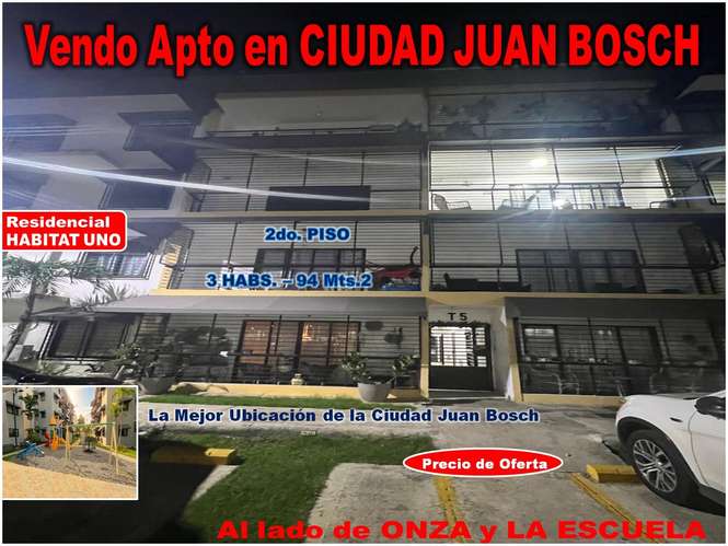 Vendo Apto en OFERTA en CIUDAD JUAN BOSH, 3 HABS., 94 Mts.2, Res. HABITAT UNO, al lado de la ONZA