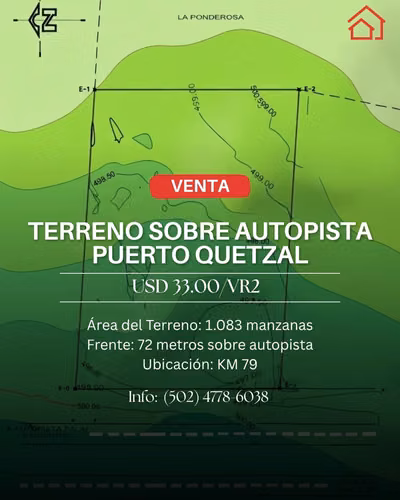 VENTA TERRENO de 1.083 MANZANAS FRENTE AUTOPISTA PUERTO QUETZAL KM 79