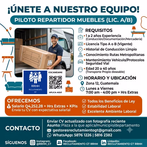 ¿Buscas estabilidad? Plaza disponible de Piloto Repartidor en Z.2 Mixco.