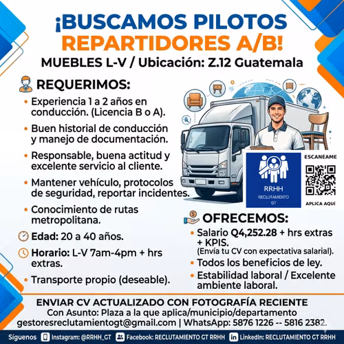 ¡Gran oportunidad! Pilotos Licencia B para distribución en Ciudad Capital.