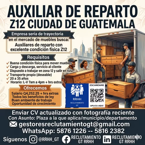 ¡Beneficios competitivos! Buscamos Auxiliares de Reparto. ¡Sueldo base + bonos! Únete como Auxiliar en Mixco.
